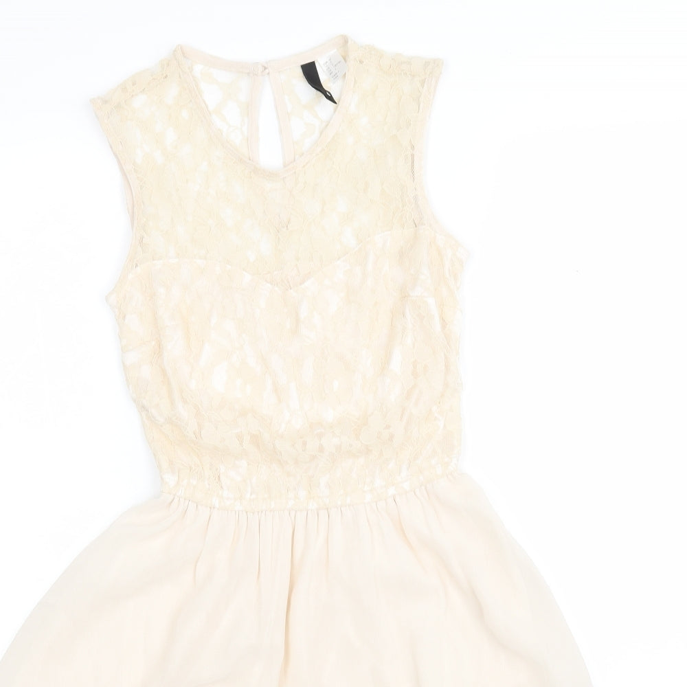 H&M Womens Beige Floral Polyester Fit & Flare  Size 6  Round Neck