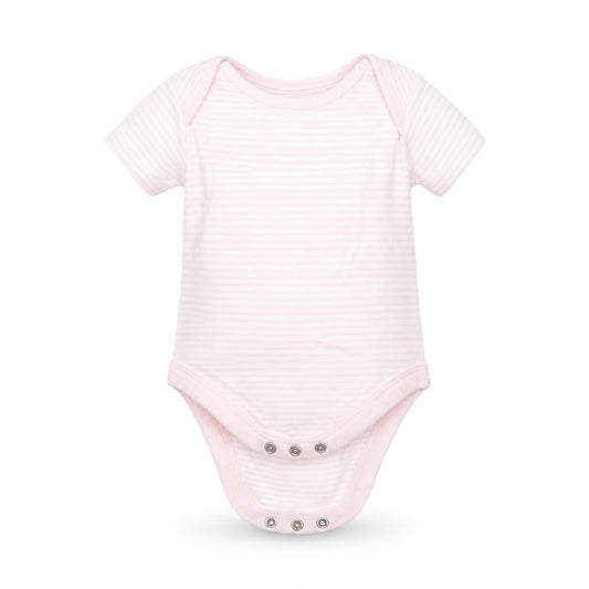 Front view of Mothercare girls’ pink striped cotton babygrow one-piece, size 0-3, months