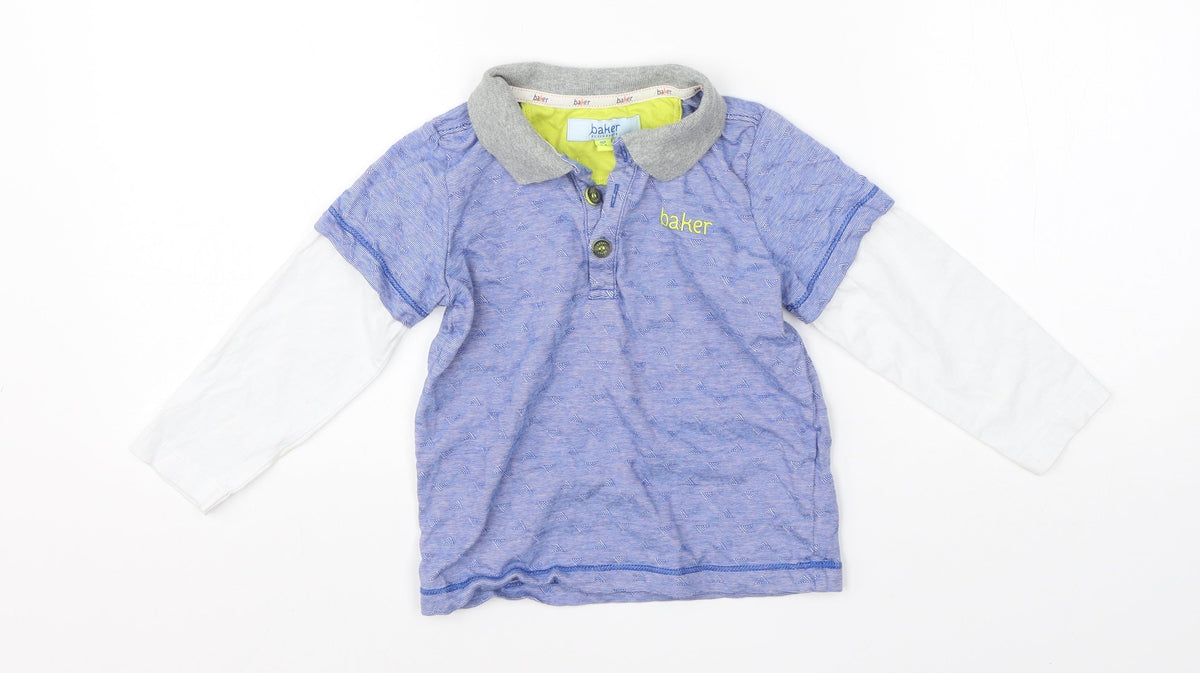 Front view of Baker boys’ blue cotton basic polo, size 2-3, years collared