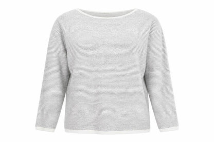 Front view of Great Plains women’s grey round neck striped viscose jumper, size UK 14