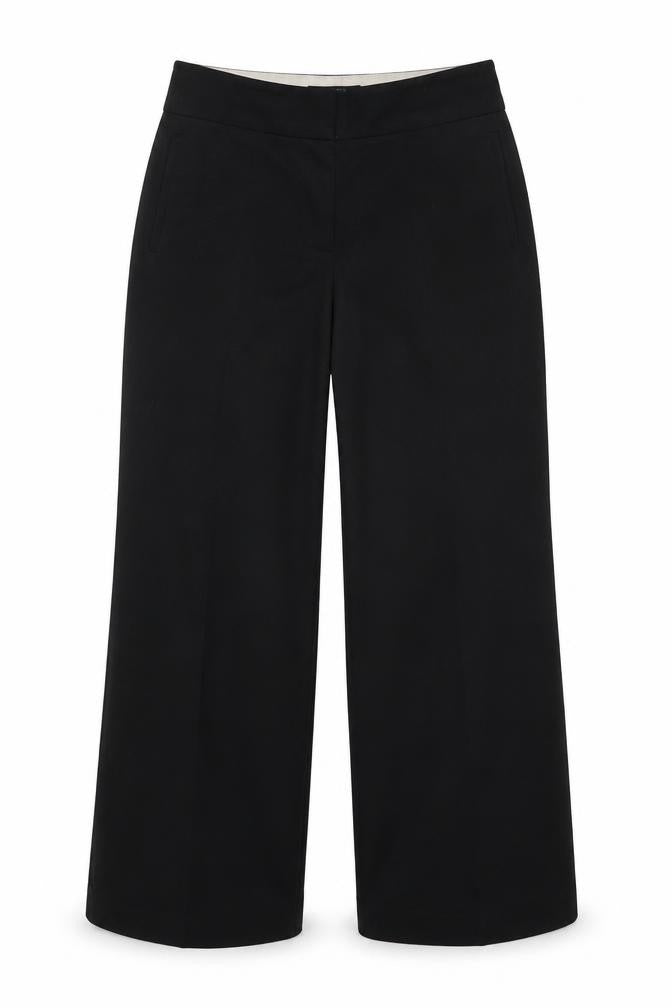 Front view of Next women’s black polyester dress pants trousers, size UK 14, 28-inch leg regular
