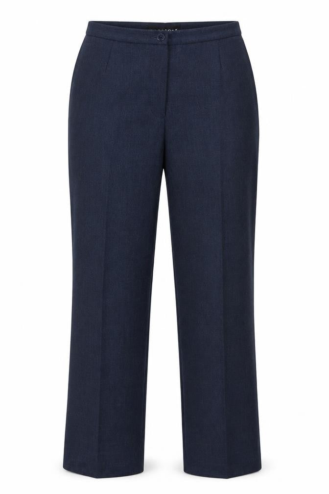 Front view of Wardrobe women’s blue polyester dress pants trousers, size UK 14, 28-inch leg regular