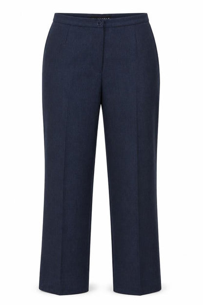 Front view of Wardrobe women’s blue polyester dress pants trousers, size UK 14, 28-inch leg regular