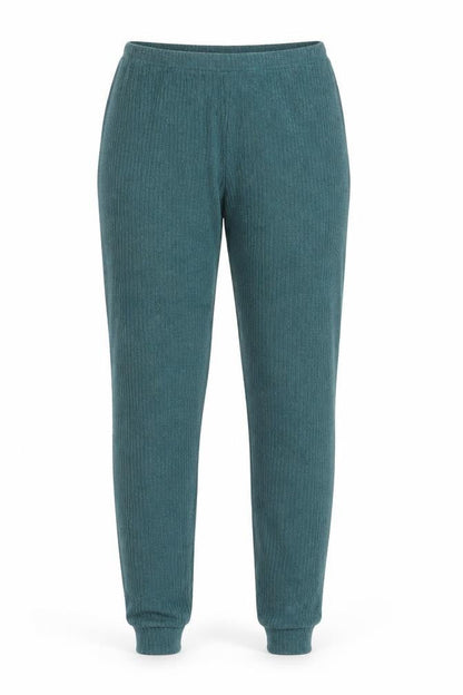 Front view of Preworn women’s grey striped polyester jogger trousers, size L, 30-inch leg regular