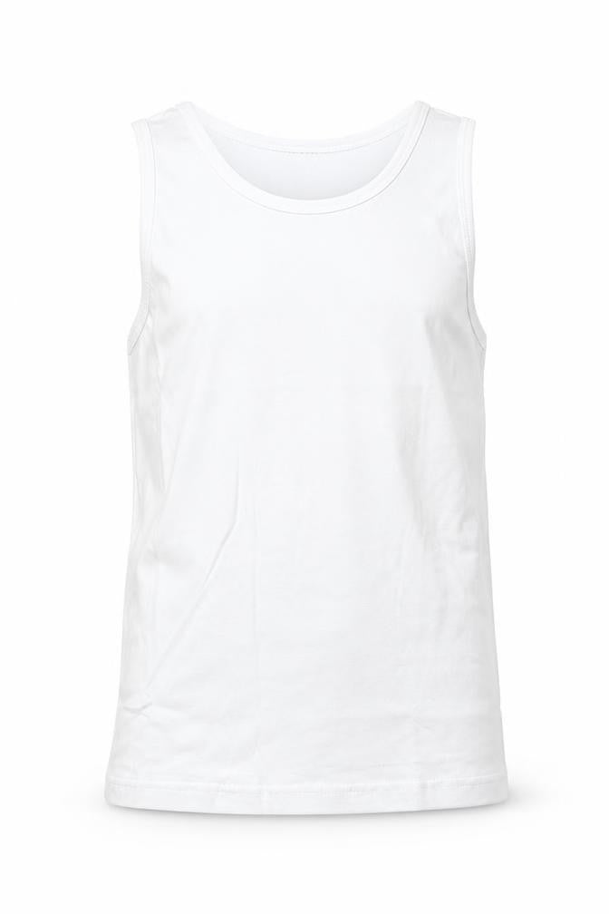 Front view of BACK TO SCHOOL boys’ white cotton basic tank, size 6-7, years round neck