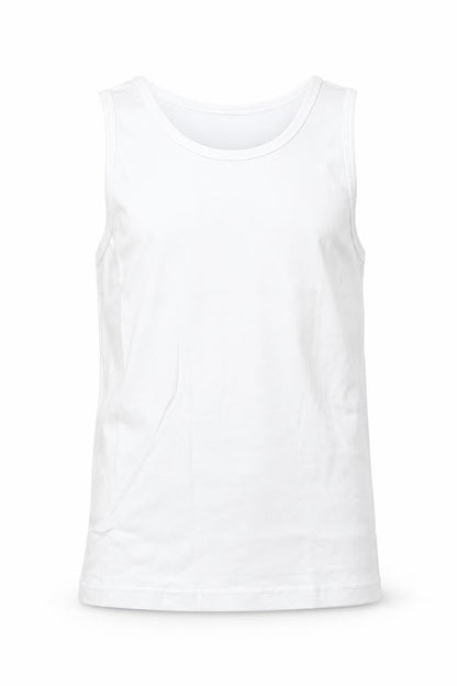 Front view of BACK TO SCHOOL boys’ white cotton basic tank, size 6-7, years round neck