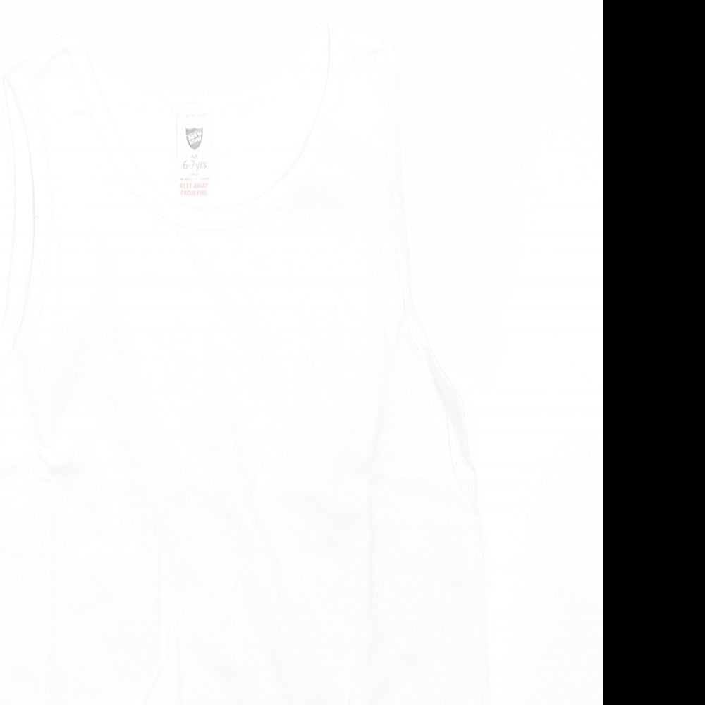 Close-up detail of BACK TO SCHOOL boys’ white cotton basic tank, size 6-7, years round neck