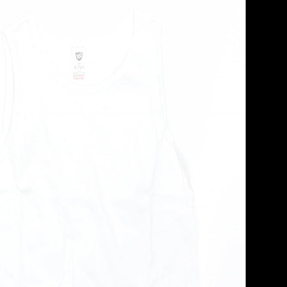 Close-up detail of BACK TO SCHOOL boys’ white cotton basic tank, size 6-7, years round neck