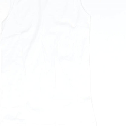 Brand and care label for BACK TO SCHOOL boys’ white cotton basic tank, size 6-7, years round neck