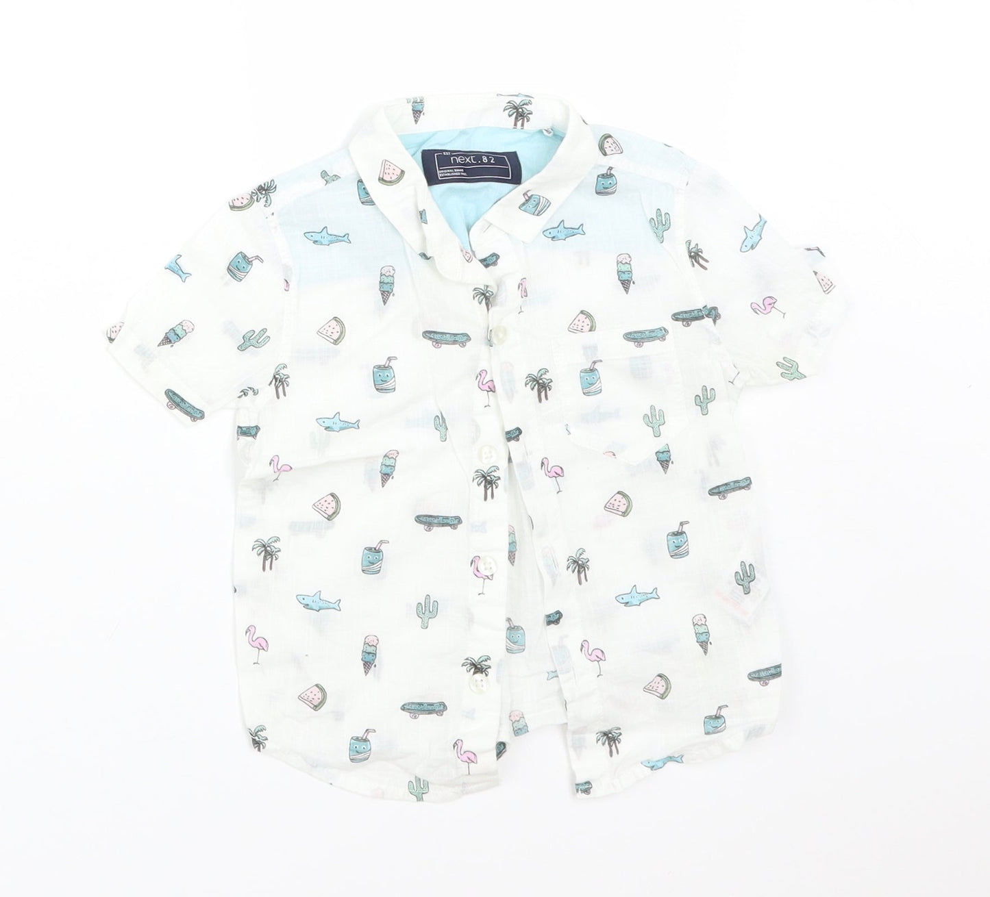 NEXT Boys White  Cotton Basic Button-Up Size 9-12 Months Collared  - FLAMINGO. WATERMELON. SHARK. ICE CREAM. CACTUS. DRINK. TREE. SKATEBOARD