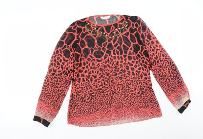 Additional front view of PARK MCCA women’s multicoloured animal print basic blouse, size UK 10, round neck