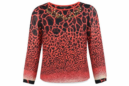 Front view of PARK MCCA women’s multicoloured animal print basic blouse, size UK 10, round neck