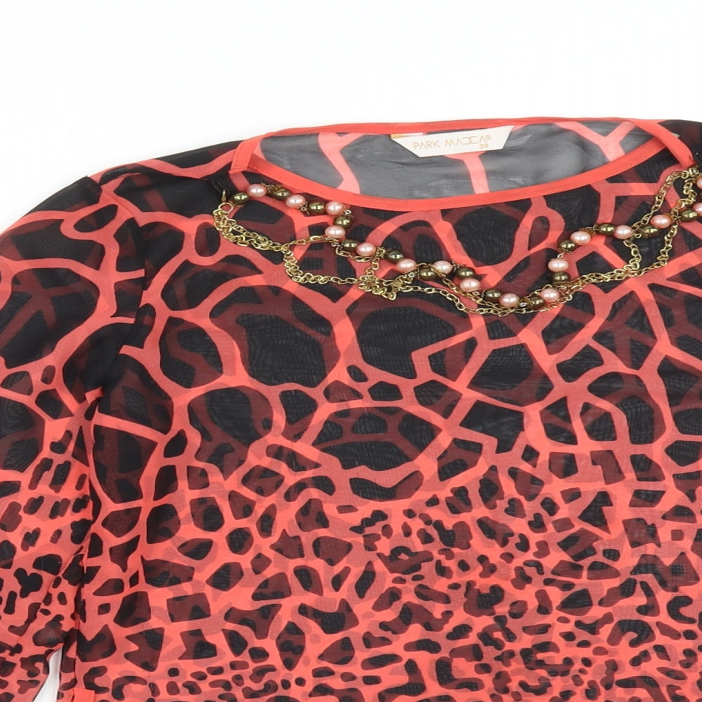 Close-up detail of PARK MCCA women’s multicoloured animal print basic blouse, size UK 10, round neck