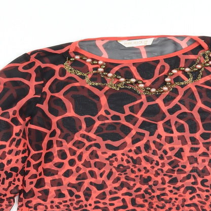 Close-up detail of PARK MCCA women’s multicoloured animal print basic blouse, size UK 10, round neck