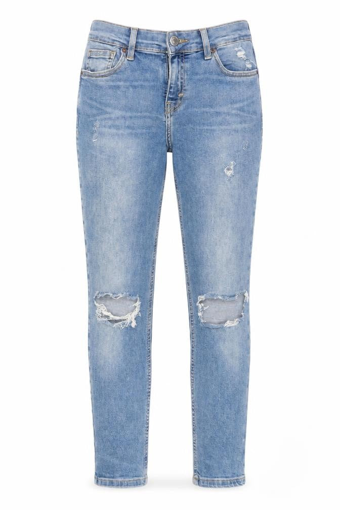 Front view of Topshop women’s blue cotton skinny jeans, size UK 26, 28-inch leg regular