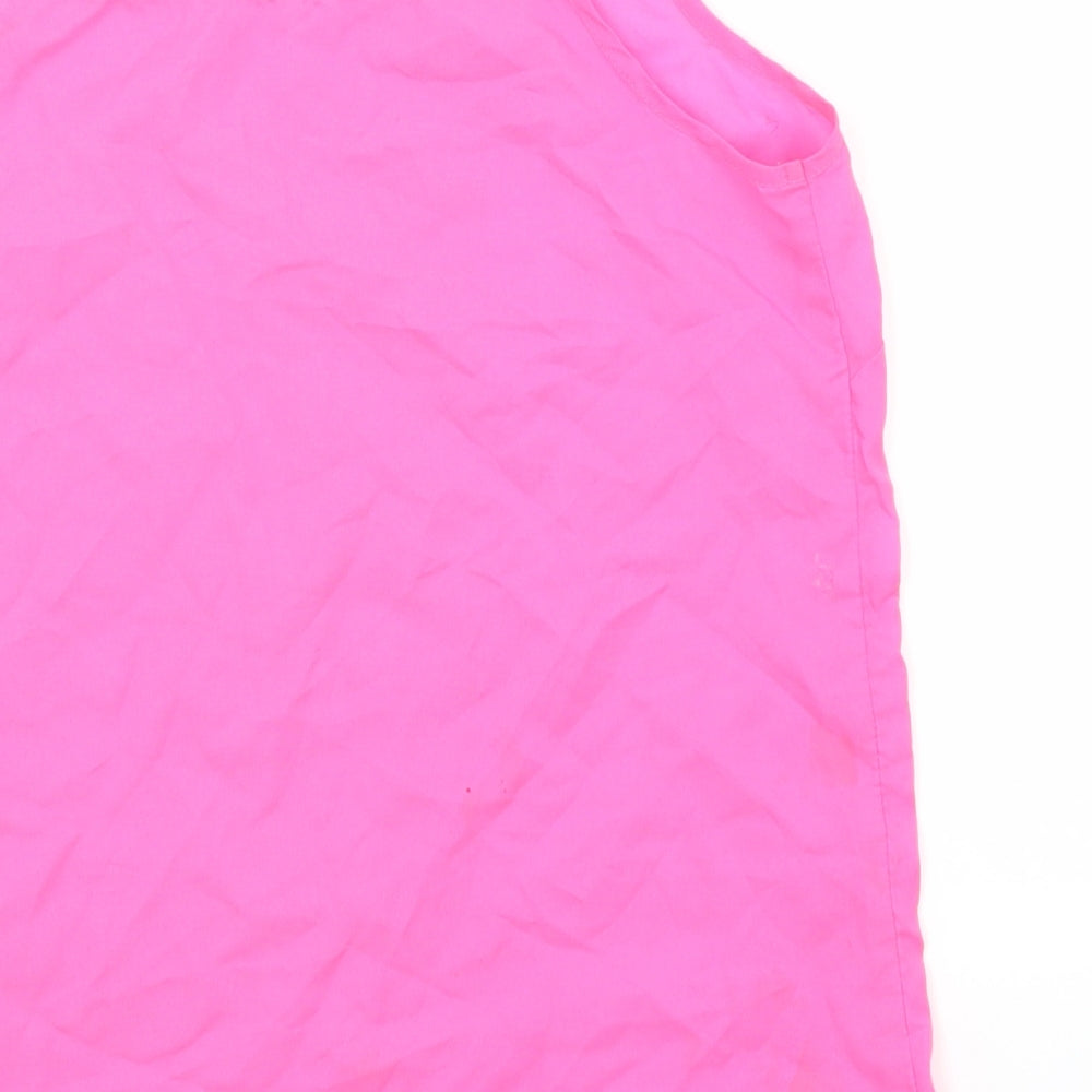 Brand and care label for George girls’ pink polyester basic tank, size 13-14, years off the shoulder