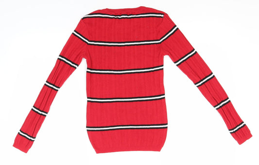Primark Womens Red Round Neck Striped Polyester Pullover Jumper Size 6