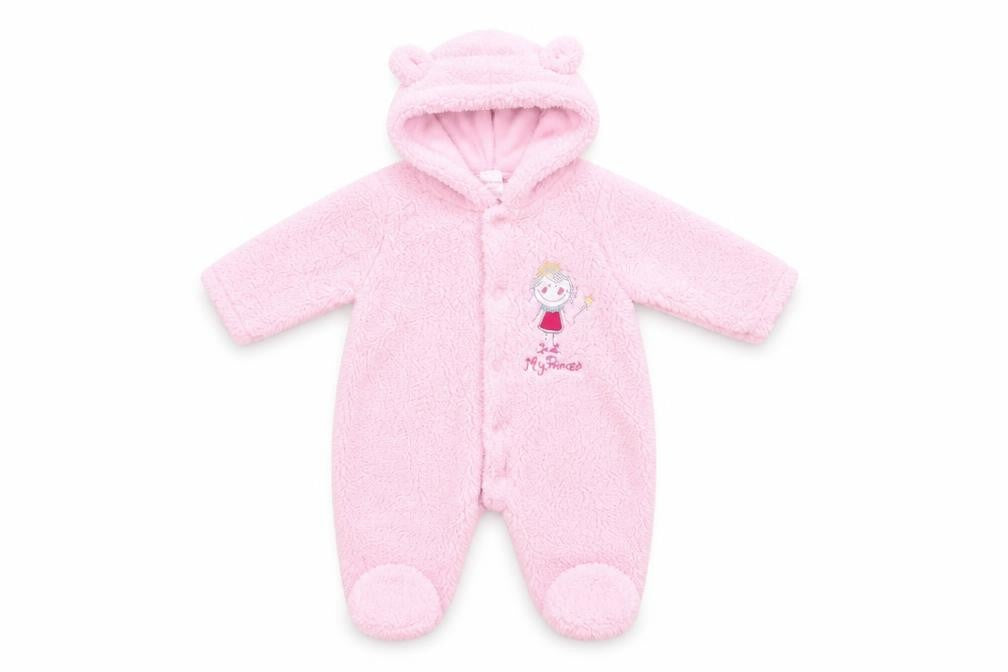 Front view of Little but Loud Baby Pink Polyester Coverall One-Piece, size 0-3, Months