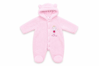 Front view of Little but Loud Baby Pink Polyester Coverall One-Piece, size 0-3, Months