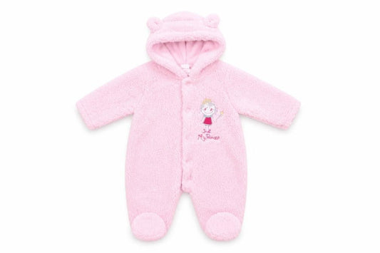 Front view of Little but Loud Baby Pink Polyester Coverall One-Piece, size 0-3, Months