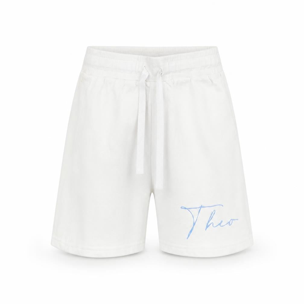 Front view of Preworn boys’ white cotton sweat shorts, size 2-3, years regular