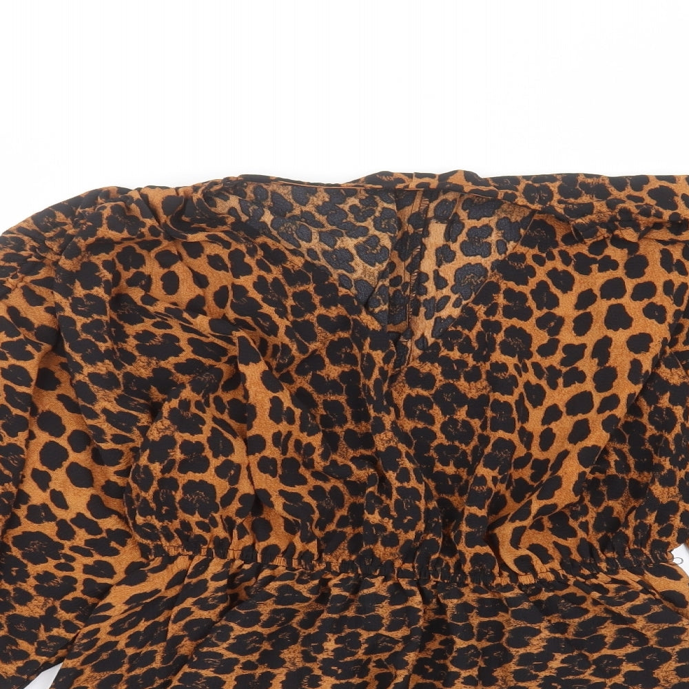 Boohoo Womens Brown Animal Print Polyester Basic Blouse Size 8 Round Neck