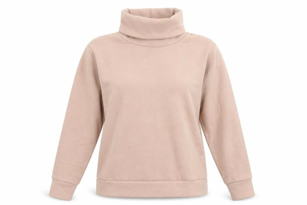 Front view of Peacocks women’s beige polyester pullover sweatshirt, size M