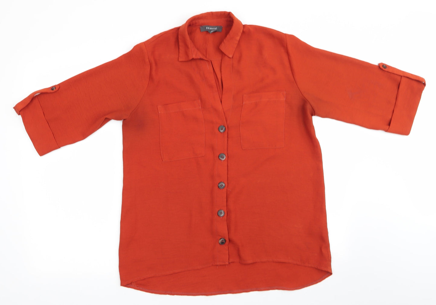 Primark Womens Orange  Polyester Basic Button-Up Size 10 Collared - Dark Orange
