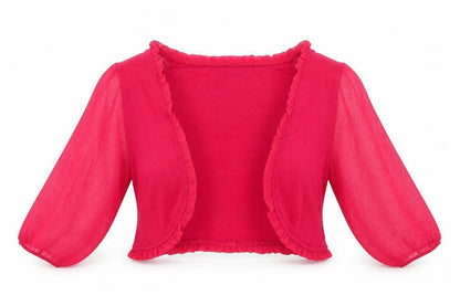 Front view of Dunnes women’s red v-neck viscose shrug jumper, size L, - sheer fabric sleeves frill trim