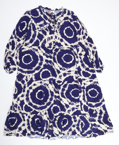 Glossy Womens Blue Geometric Viscose A-Line    Round Neck  - Frilled  hem