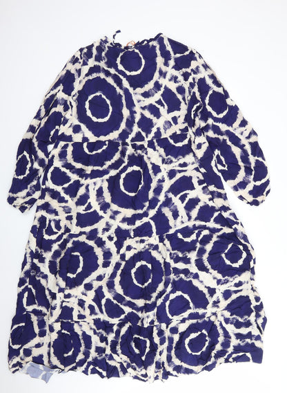 Glossy Womens Blue Geometric Viscose A-Line    Round Neck  - Frilled  hem