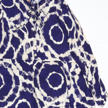 Glossy Womens Blue Geometric Viscose A-Line    Round Neck  - Frilled  hem