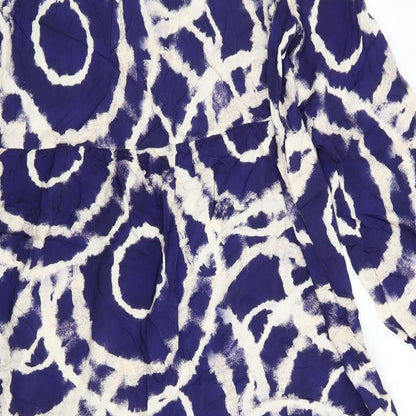 Glossy Womens Blue Geometric Viscose A-Line    Round Neck  - Frilled  hem