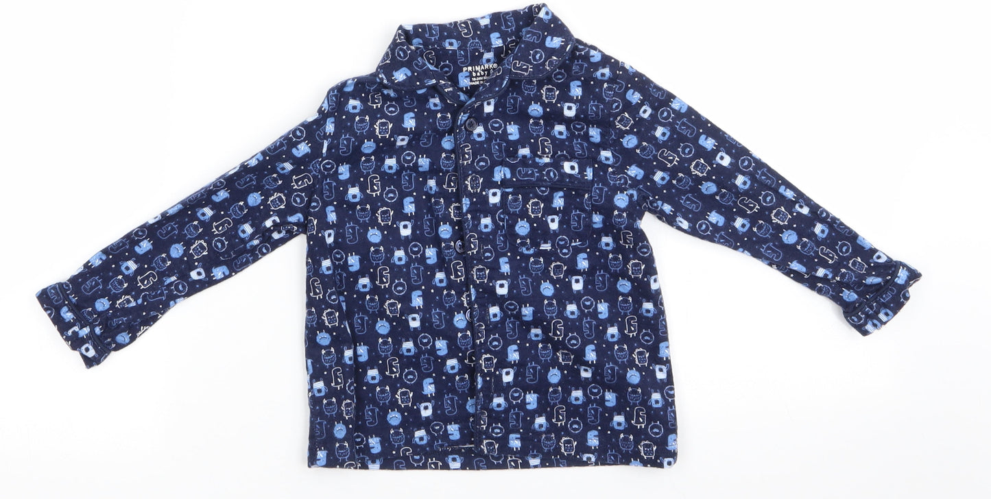 Primark Boys Blue Animal Print Cotton  Pyjama Top Size 18-24 Months   - Monsters