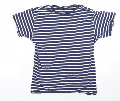 POP Womens Blue Striped  Basic T-Shirt Size S Round Neck - Buttons on one shoulder