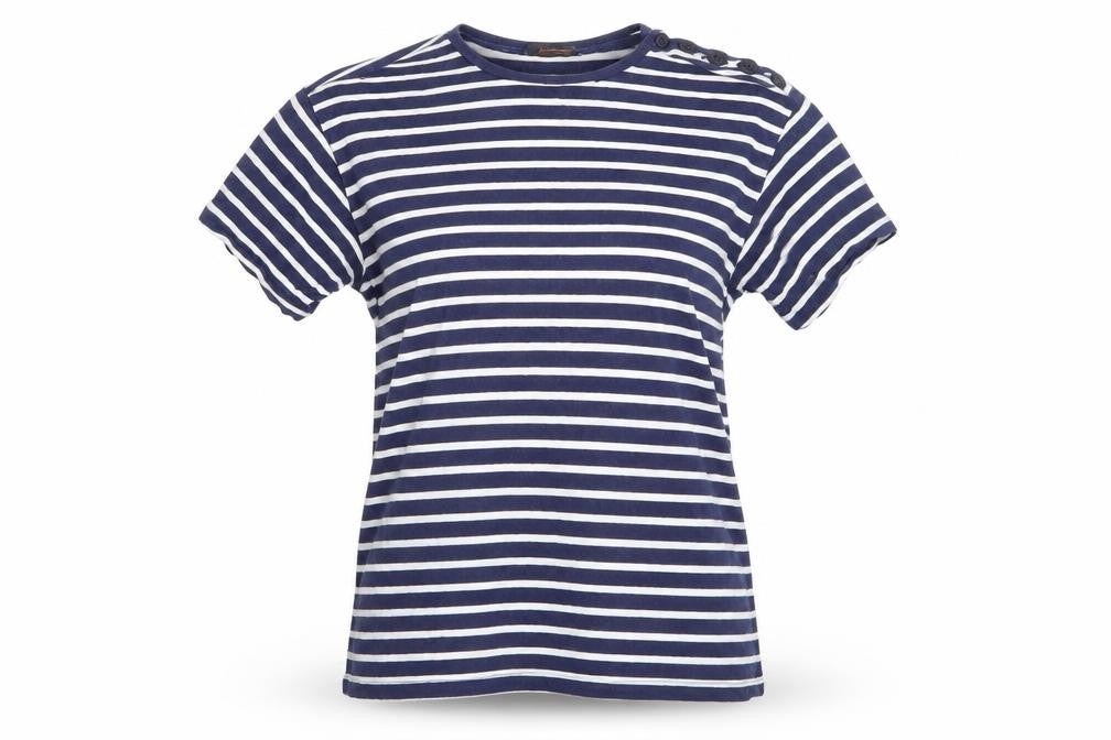 Front view of POP women’s blue striped basic t-shirt, size S, round neck - buttons on one shoulder