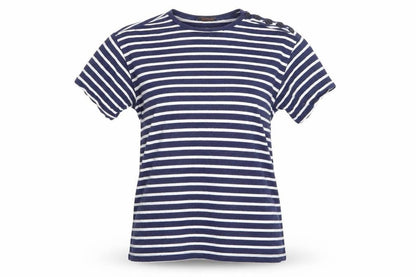 Front view of POP women’s blue striped basic t-shirt, size S, round neck - buttons on one shoulder