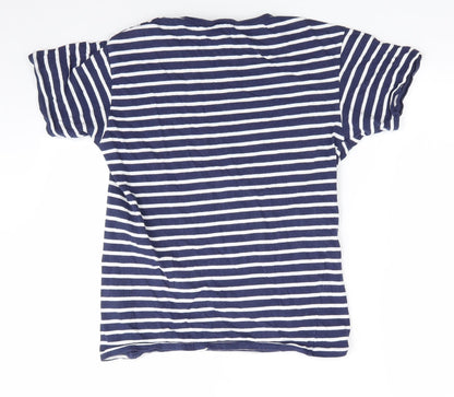 POP Womens Blue Striped  Basic T-Shirt Size S Round Neck - Buttons on one shoulder