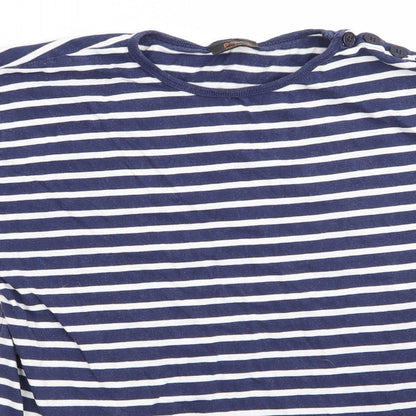 POP Womens Blue Striped  Basic T-Shirt Size S Round Neck - Buttons on one shoulder