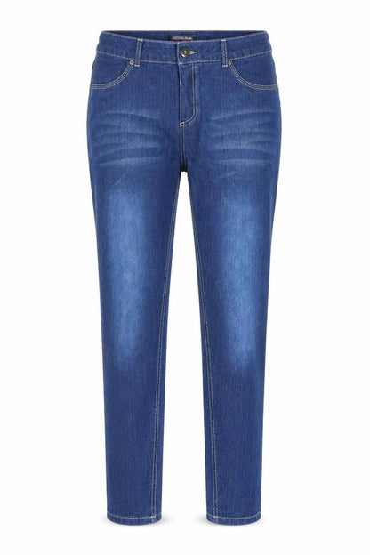 Front view of Secret Ruby women’s blue cotton straight jeans, size UK 10, 32-inch leg regular - mid blue