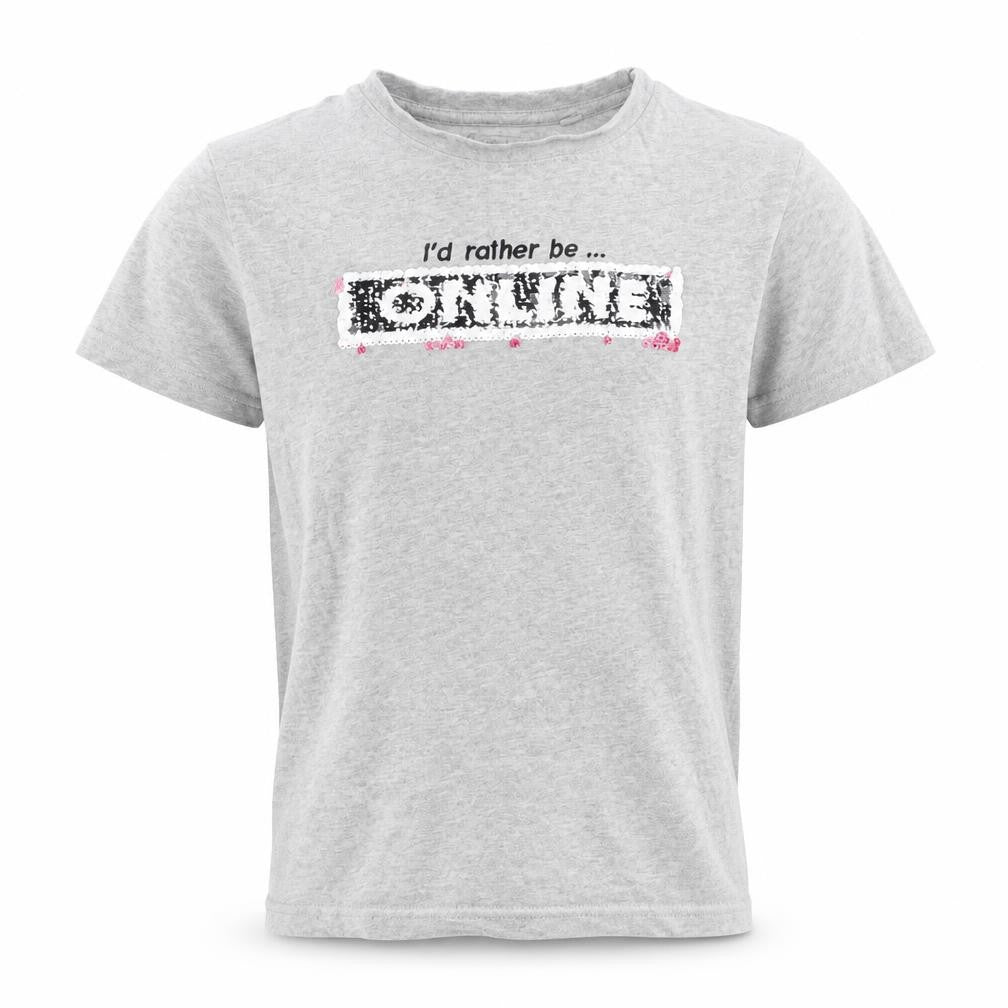 Front view of Next girls’ grey cotton basic t-shirt, size 10, years round neck - i'd rather be on line