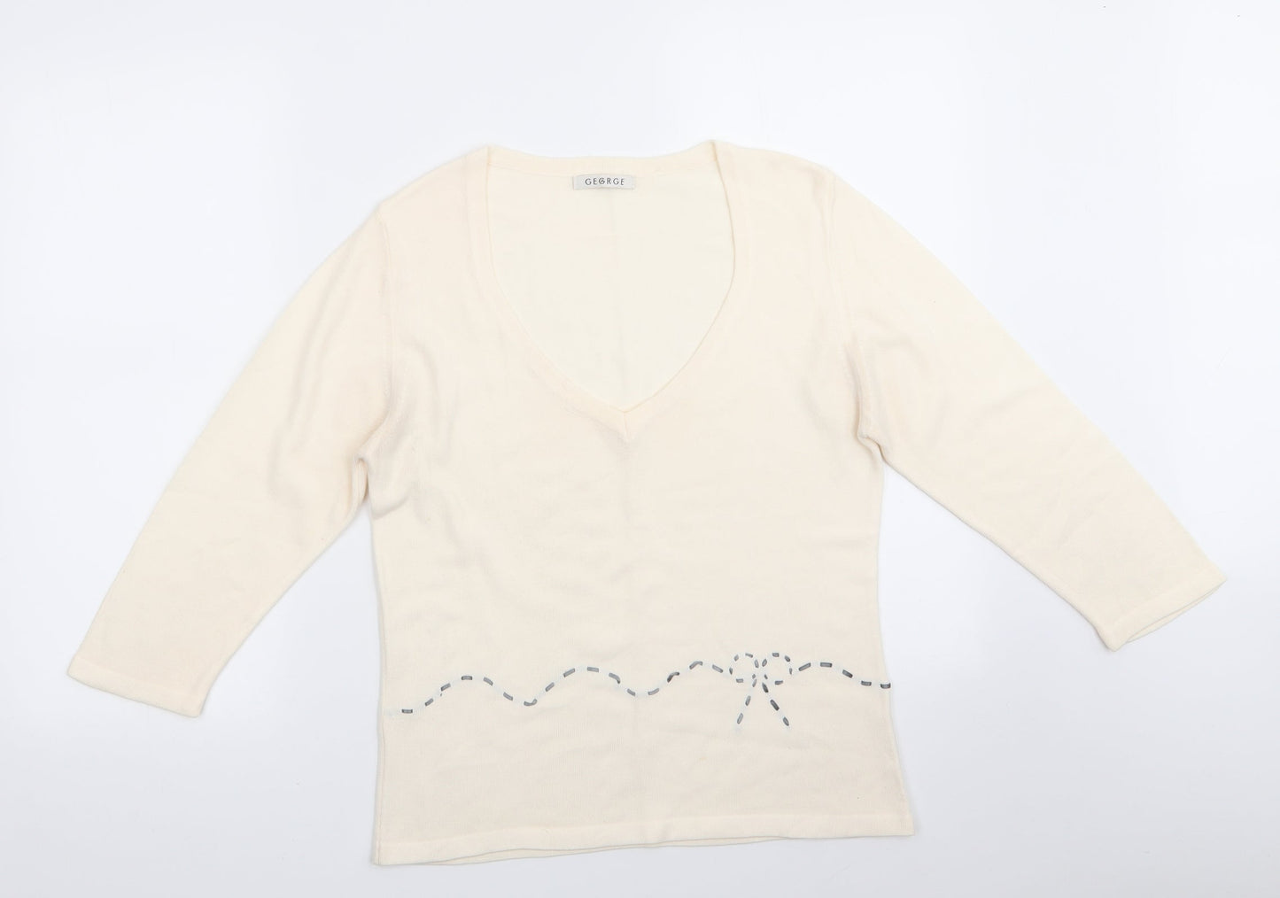 George Womens Ivory V-Neck   Pullover Jumper    - Ribbon trim