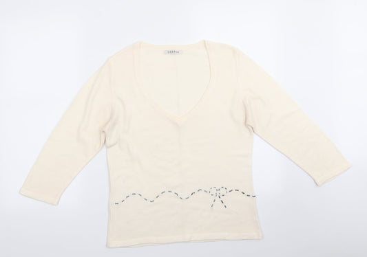 George Womens Ivory V-Neck   Pullover Jumper    - Ribbon trim