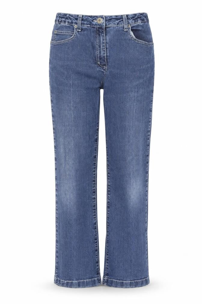 Front view of Afibel women’s blue cotton straight jeans, size UK 12, 28-inch leg regular