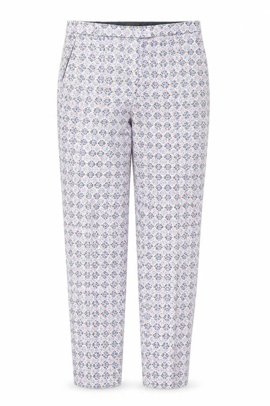 Front view of Topshop women’s blue geometric cotton trousers, size UK 10, 27-inch leg regular