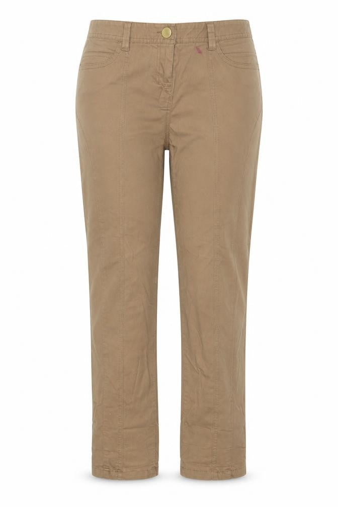 Front view of Internationale women’s brown cotton trousers, size UK 12, 27-inch leg regular