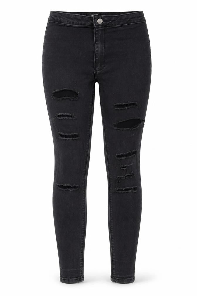 Front view of Missguided women’s black cotton skinny jeans, size UK 8, 25-inch leg regular