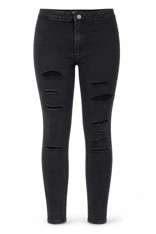 Front view of Missguided women’s black cotton skinny jeans, size UK 8, 25-inch leg regular