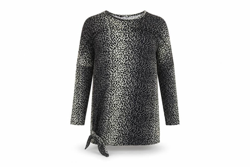 Front view of Pep&Co women’s black animal print viscose shift, size UK 14, round neck