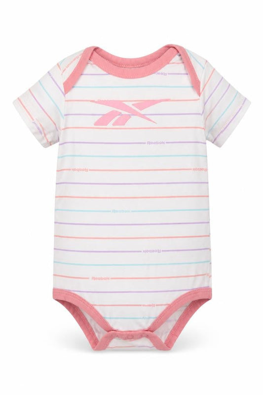 Front view of Reebok Baby White Striped Cotton Romper One-Piece, size 6-9, Months